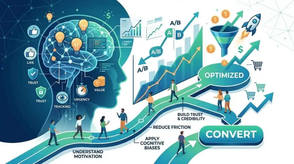A comprehensive illustration of conversion-optimization, showing a psychological journey. The process begins with a user's mind and follows a multi-step path labeled: "Understand Motivation," "Apply Cognitive Biases," "Reduce Friction," and "Build Trust & Credibility," eventually leading to an optimized marketing funnel and a final "CONVERT" button.